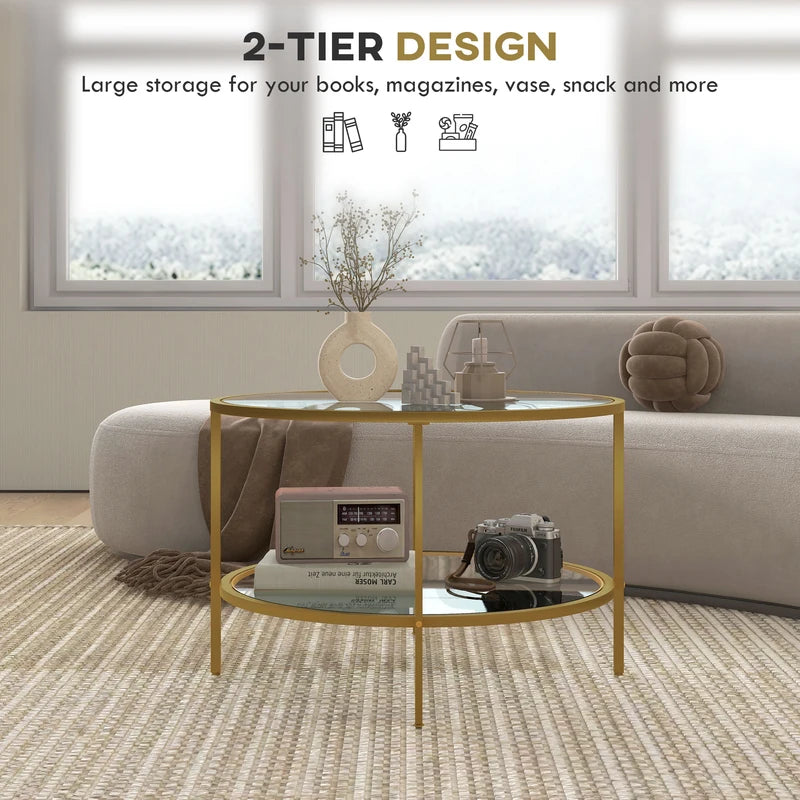 HOMCOM Round Coffee Table with Storage, 2-Tier Tempered Glass Coffee Table with Steel Frame for Living Room, Gold Tone