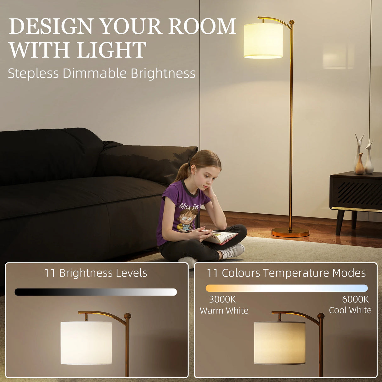 HOMCOM LED Floor Lamp with Remote Control - Gold Tone