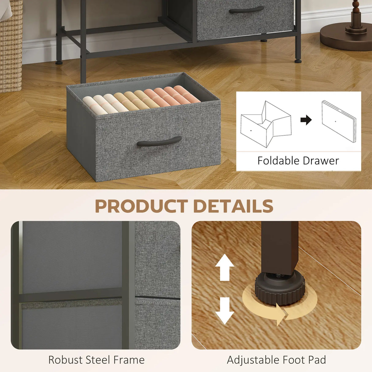 HOMCOM Fabric Chest of Drawers, Industrial Bedroom Dresser with 8 Fabric Drawers, Steel Frame and Wooden Top for Nursery, Living Room, Hallway, Rustic Brown and Grey