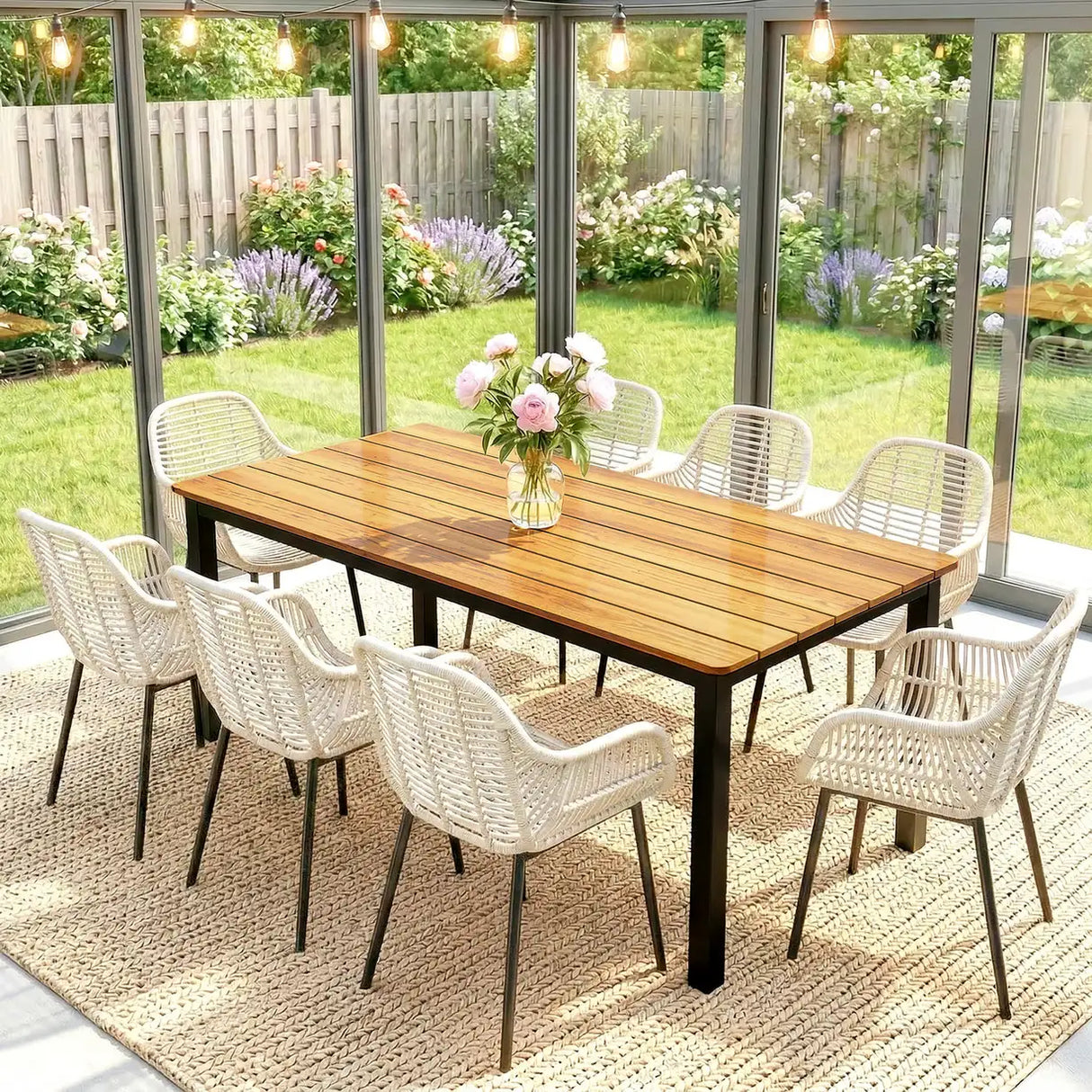 Outsunny Garden Dining Table for 6-8 Person, 180 x 86 cm Rectangular Outdoor Dining Table with Wood Slatted Top, Teak