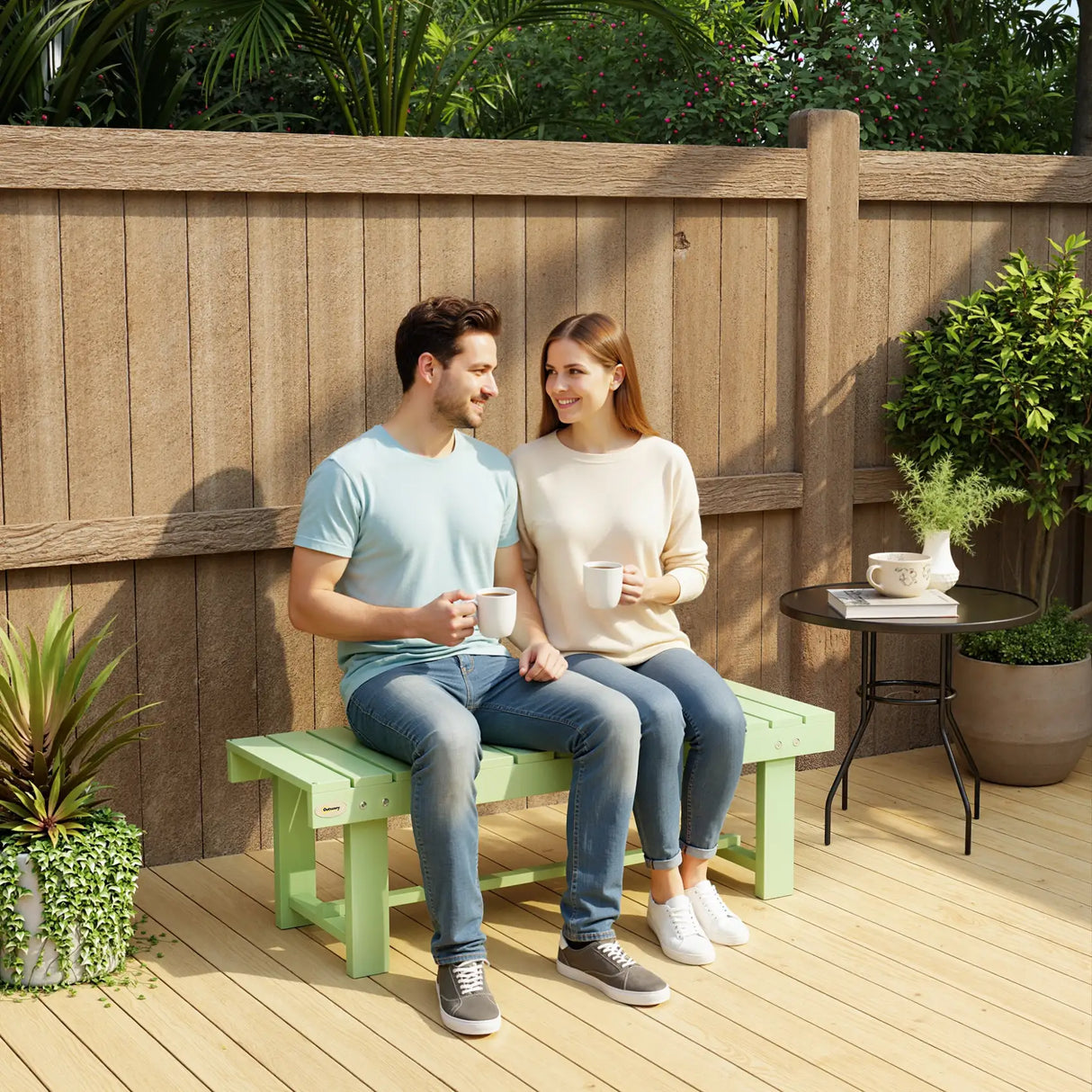 Outsunny Wooden Garden Bench, Backless Outdoor Loveseat with Slatted Seat, Light Green