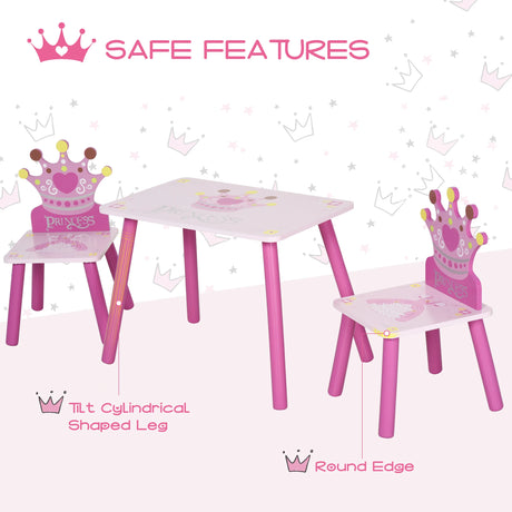 HOMCOM 3 Pcs Kids and Table Chair Set Princess & Crown Theme Home Furniture Pretty Gift 2-4 Years Pink