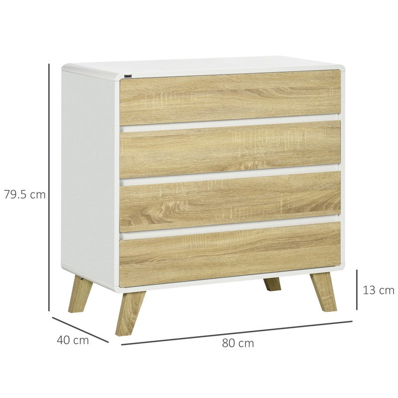 HOMCOM Drawer Chest, 4-Drawer Storage Organiser for Bedroom, Living Room, 80cmx40cmx79.5cm, White and Natural