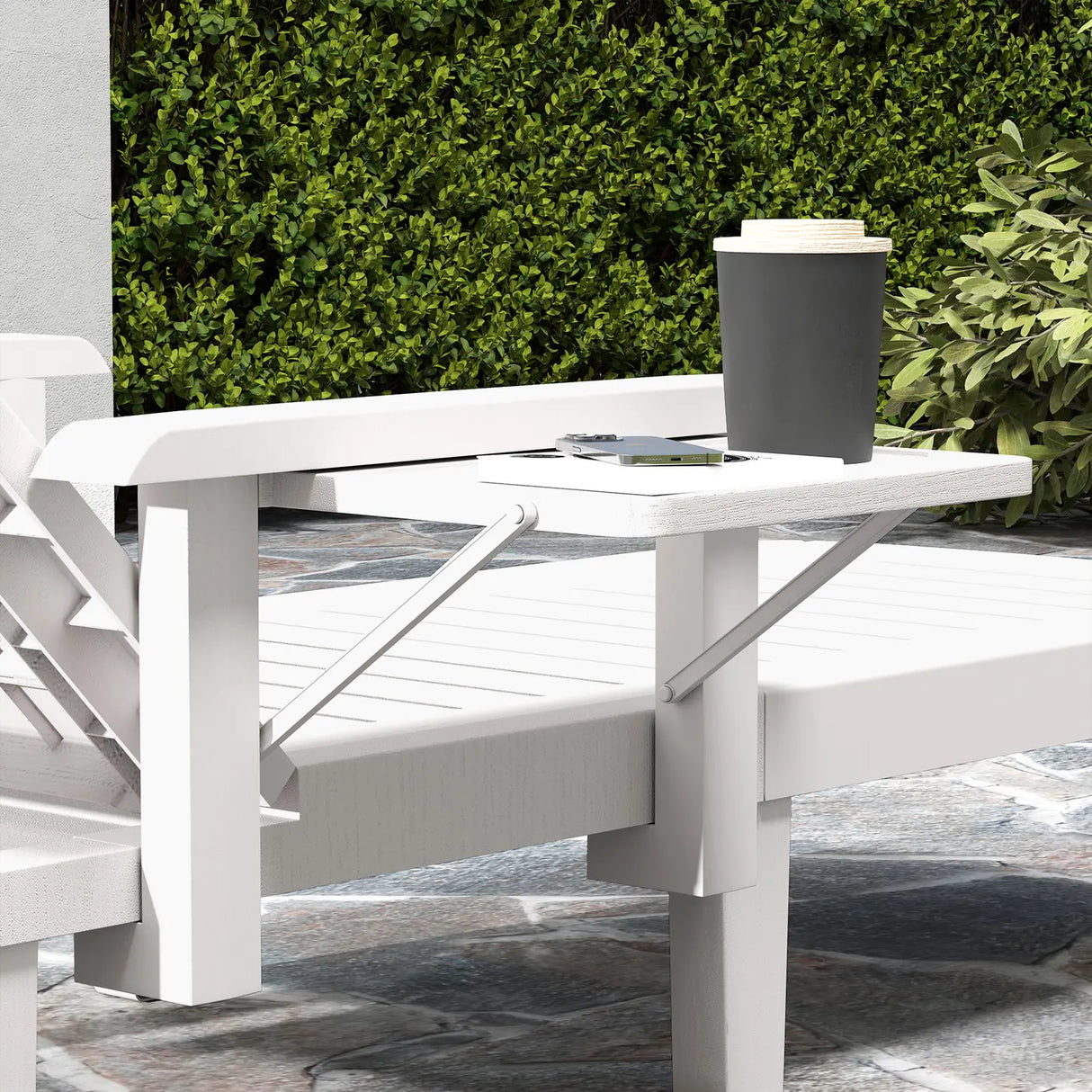 Outsunny Set of 2 Resin Reclining Sun Loungers for Garden, 5 Positions Adjustable Outdoor Chaise Lounge Chairs with Wood Texture Surface, Armrests, Foldable Side Table for Garden, Beach, White