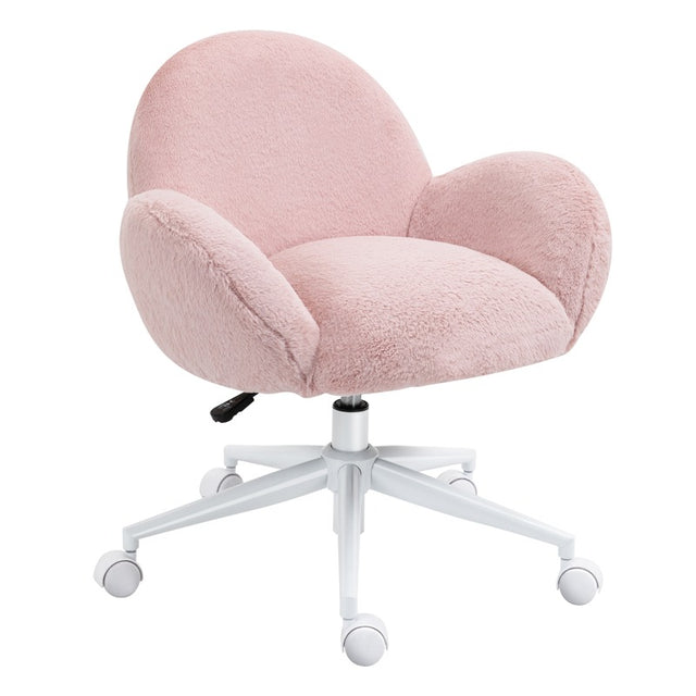 HOMCOM Makeup Vanity Chair, Cute Fluffy Desk Chair with Rolling Wheels for Bedroom Living Room, Pink