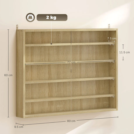 HOMCOM 5-Tier Wall Display Shelf Unit Cabinet w/ 4 Adjustable Shelves Glass Doors Home Office Ornaments 60x80cm Oak