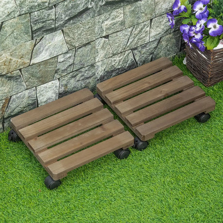 Outsunny 2 Pack Plant Caddy with Wheels, 30 cm Square Wooden Plant Pot Trolley, Pot Caddy for Outdoor Patios, Decks and Indoors, Dark Brown
