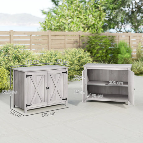 Outsunny Wooden Garden Shed, Outdoor Fir Wood Storage Shed with Shelf and Double Doors, Light Grey