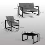 Outsunny Garden Furniture Set, 4 Piece Indoor Outdoor Conservatory with Loveseat Sofa, Armchairs, Glass Top Coffee Table, Cushions for Balcony, Poolside, Patio, Dark Grey