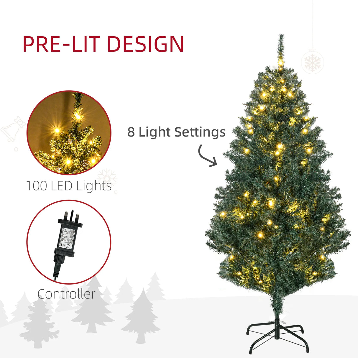 HOMCOM 5' Artificial Prelit Christmas Trees Holiday Dcor with Warm White LED Lights, Decoration, Banner, Tag, Ball