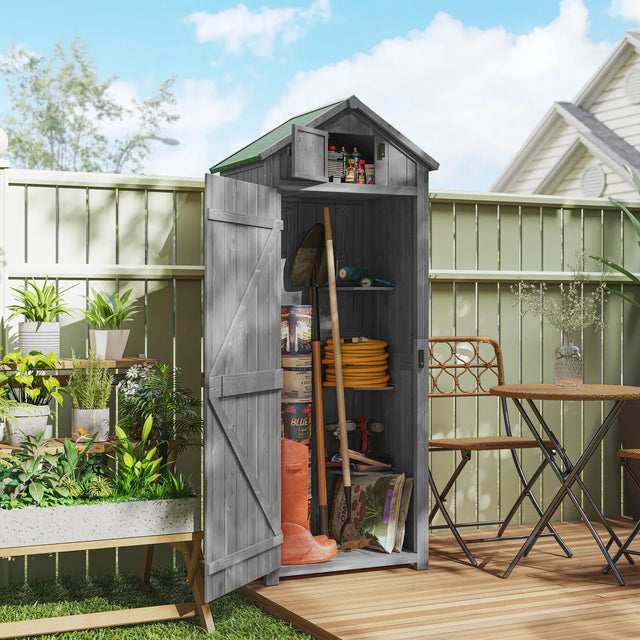 Outsunny Wooden Garden Shed, Utility Outdoor Small Shed with Lockable Double Doors, Shelves and Roof Hatch, Grey