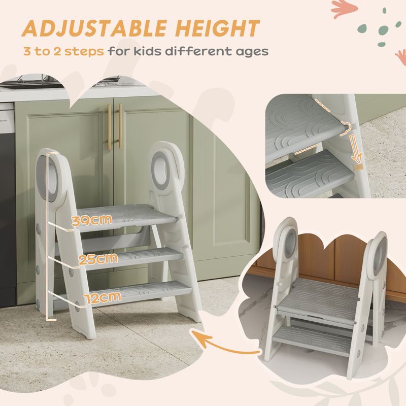 AIYAPLAY Foldable and Adjustable Toddler Tower with Handle, Non-Slip, Grey