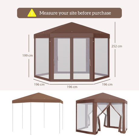 Outsunny Hexagonal Garden Gazebo Patio Party Outdoor Canopy Tent Sun Shelter with Mosquito Netting and Zipped Door, Brown