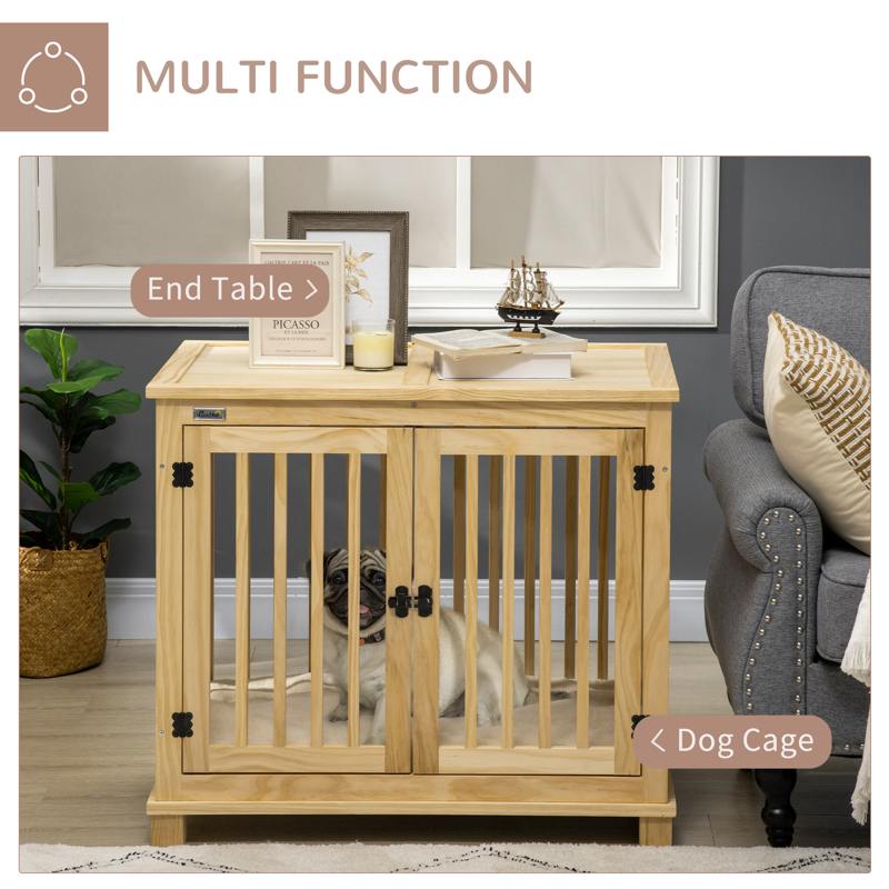 PawHut Wooden Dog Crate, with Double Doors, Cushion, for Medium Dogs - Natural Finish