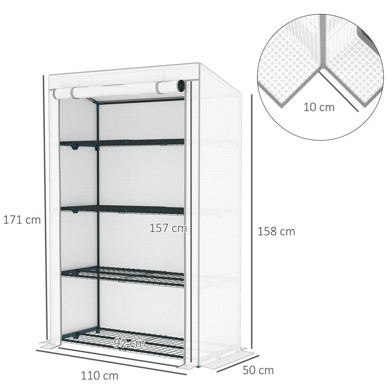 Outsunny 4 Tier Lean-to Mini Greenhouse with Reinforced PE Cover, Portable Small Greenhouse with Roll-Up Door, Grey Hemmed Edging, 110 x 50 x 171cm, Grey