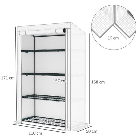 Outsunny 4 Tier Lean-to Mini Greenhouse with Reinforced PE Cover, Portable Small Greenhouse with Roll-Up Door, Grey Hemmed Edging, 110 x 50 x 171cm, Grey