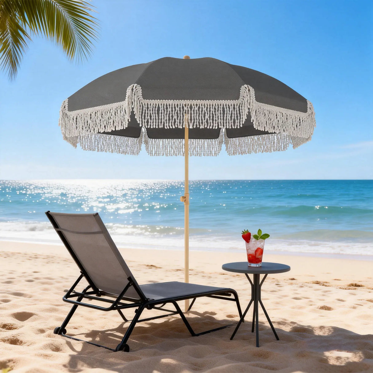 Outsunny 1.7 m Beach Umbrella with Sand Anchor, 30 Tilting Fringed Beach Garden Parasol with Adjustable Height, Grey