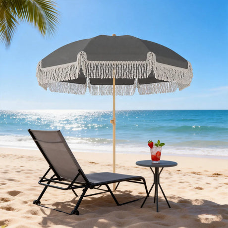 Outsunny 1.7 m Beach Umbrella with Sand Anchor, 30 Tilting Fringed Beach Garden Parasol with Adjustable Height, Grey