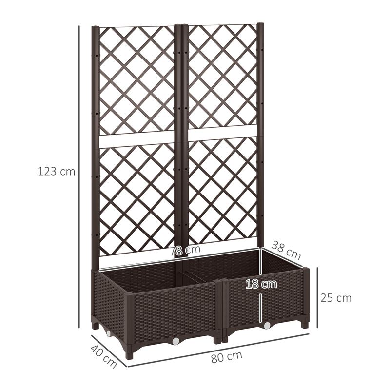 Outsunny Raised Garden Bed with Trellis, Plastic Planter Box with Drainage Holes and Drain Plugs for Climbing Plants, Vegetables, Flowers, Brown