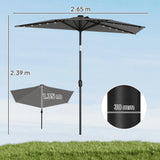 Outsunny 2.6 m Half Garden Parasol with Solar LED Lights, UPF50+ Semi Round Umbrella with 30 Tilt, Crank Handle, Dark Grey