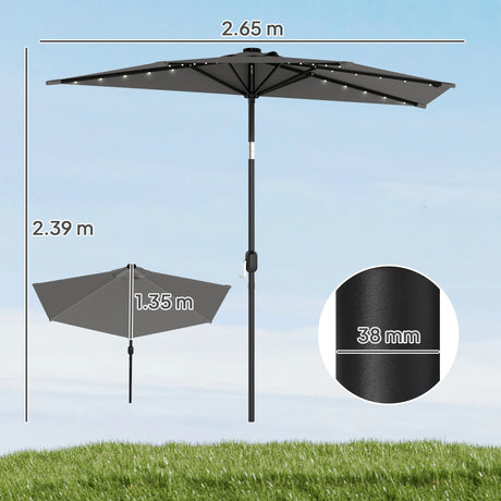 Outsunny 2.6 m Half Garden Parasol with Solar LED Lights, UPF50+ Semi Round Umbrella with 30 Tilt, Crank Handle, Dark Grey