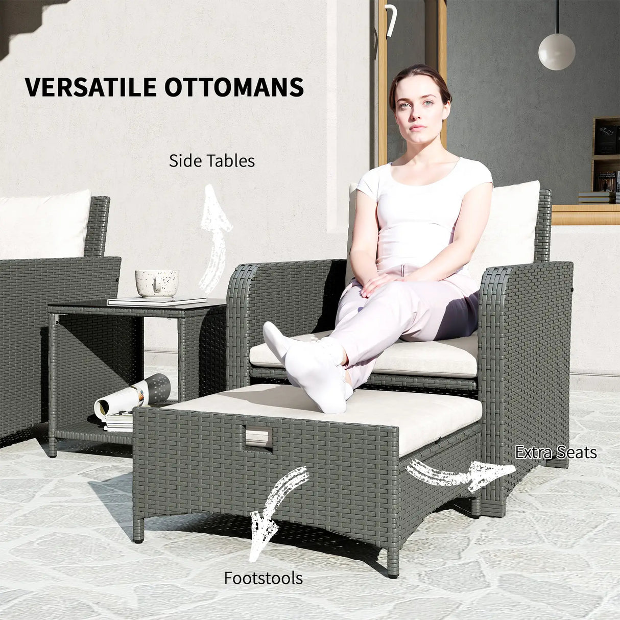 Outsunny Five Piece Rattan Garden Furniture Set with 2-Tier Coffee Table and Ottomans  - Cream White