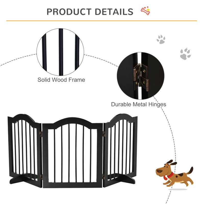 PawHut Freestanding Pet Gate Wooden Dog Gate with Support Feet Foldable Pet Fence Safety Barrier for the House Doorway Stairs Black