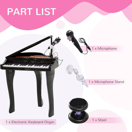 HOMCOM 37 Keys Kids Mini Electronic Keyboard Children Grand Piano with Stool Microphone Light Musical Instrument Educational Game Toy Set (Black)