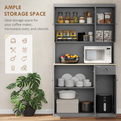 HOMCOM 180cm Freestanding Kitchen Cabinet, Modern Storage Cupboard with Open Countertop, Drawer and 6 Doors, Grey