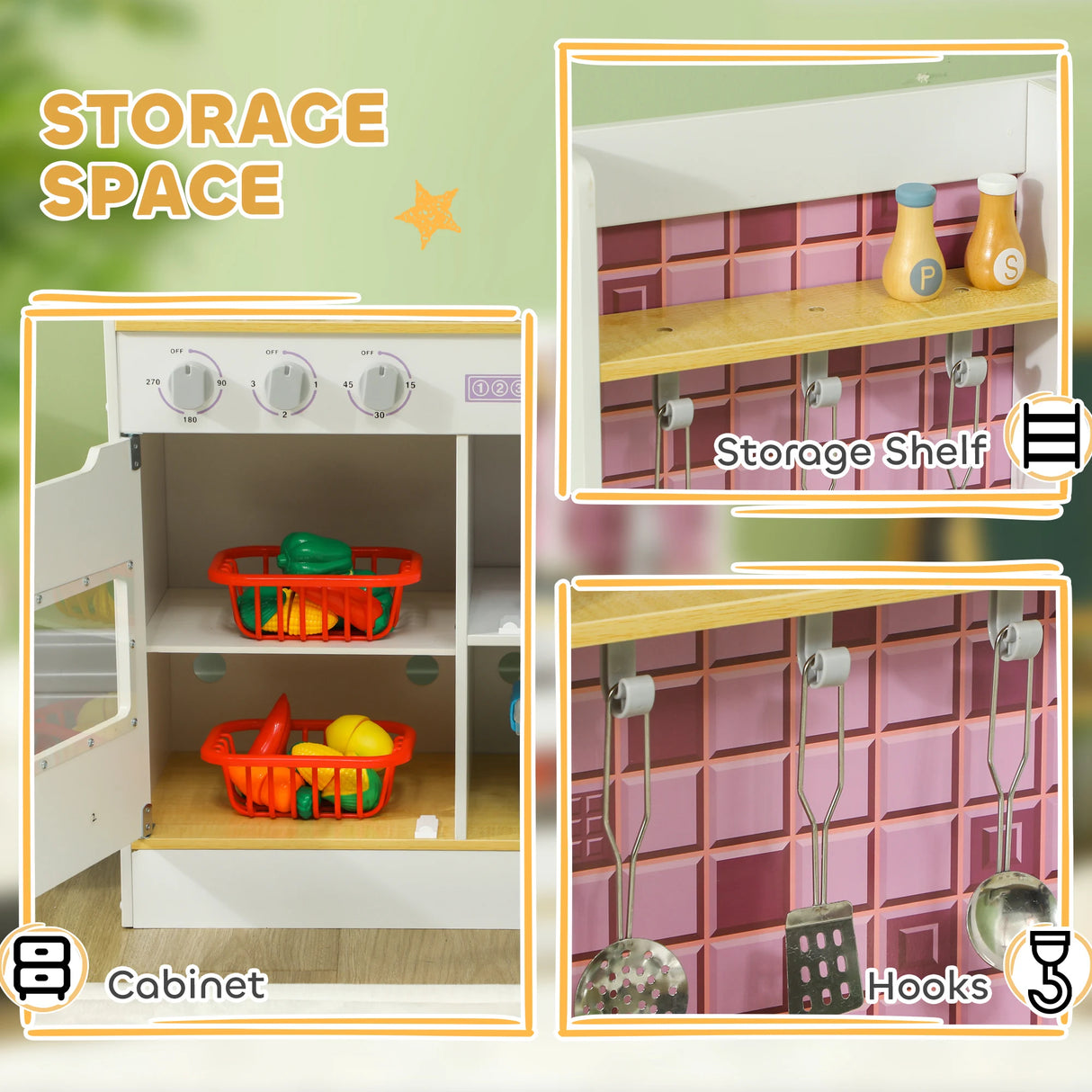 AIYAPLAY Kids Play Kitchen, Pretend Play Kitchen with Realistic Oven, Stove, Sink, Kitchen, Accessories, White