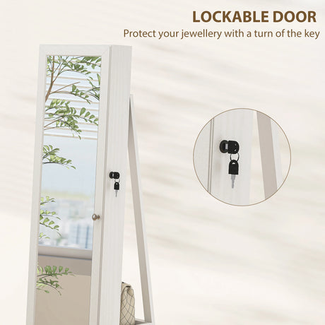 HOMCOM 360 Swivel Jewellery Cabinet, Free Standing Full Length Mirror with Storage, Lockable Jewellery Organiser with Built-in Makeup Mirror and Storage Shelves for Bedroom, White