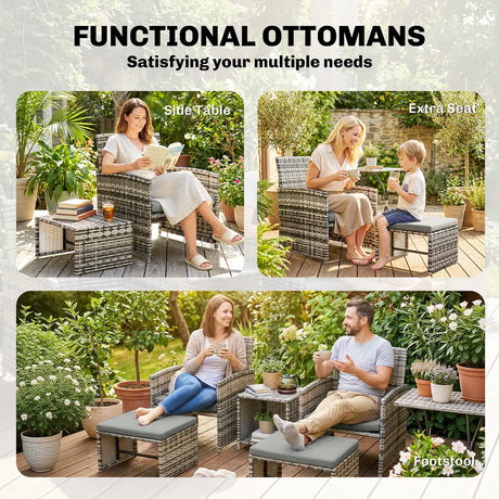 Outsunny 6 Piece Rattan Garden Furniture, Space-Saving Patio Furniture Set with Nesting Tables, Chairs, Stools, Cushions, Grey