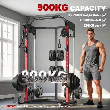 SPORTNOW Power Cage Smith Machine, Power Rack with Adjustable Cable Pulley System, Pull-Up Bar, Dip Station, Landmine
