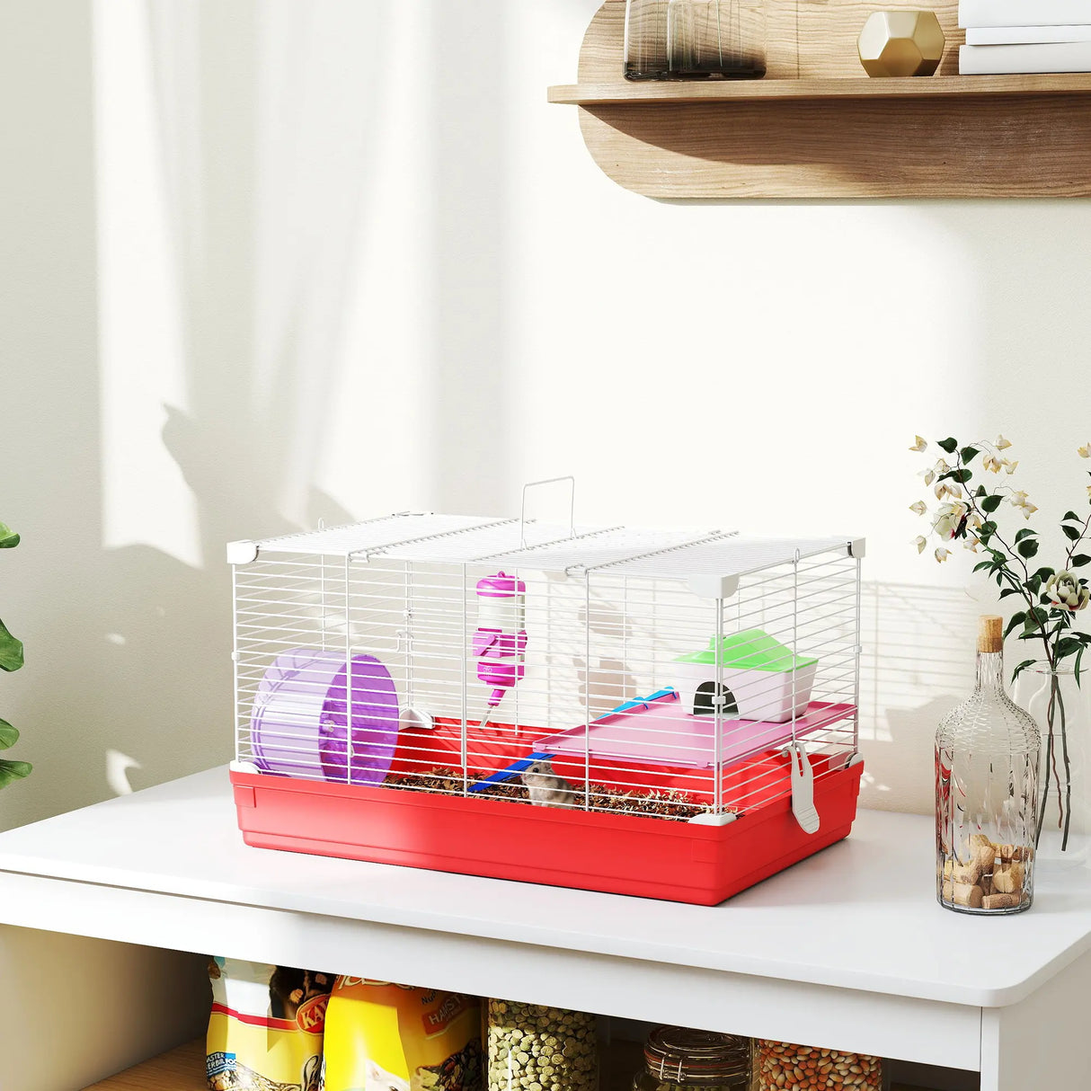 PawHut Hamster Cage, Small Gerbil Cage 2 Tiers Portable w/ Handle, Exercise Wheel, Water Bottle, Dishes