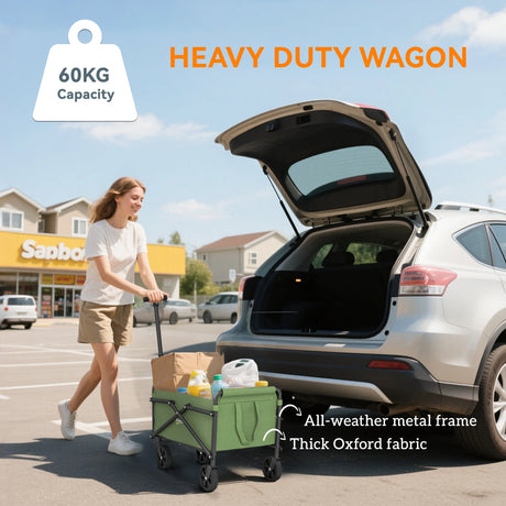 Outsunny 41L Festival Trolley on Wheels, Compact Garden Folding Trolley Cart, 60kg Heavy Duty Collapsible Foldable Wagon with Adjustable Handle and Carrying Bag for Beach, Camping, Festival, Green