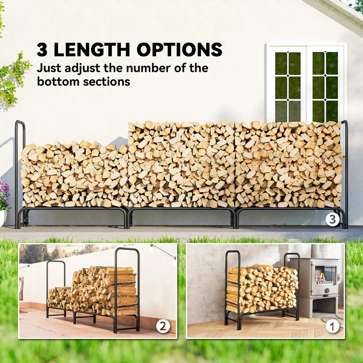 Outsunny Firewood Rack with Waterproof Cover, Heavy Duty Metal Log Store Indoors, Log Storage Holder for Outdoor Indoor Fireplace, 300 x 36 x 99 cm, Dark Green