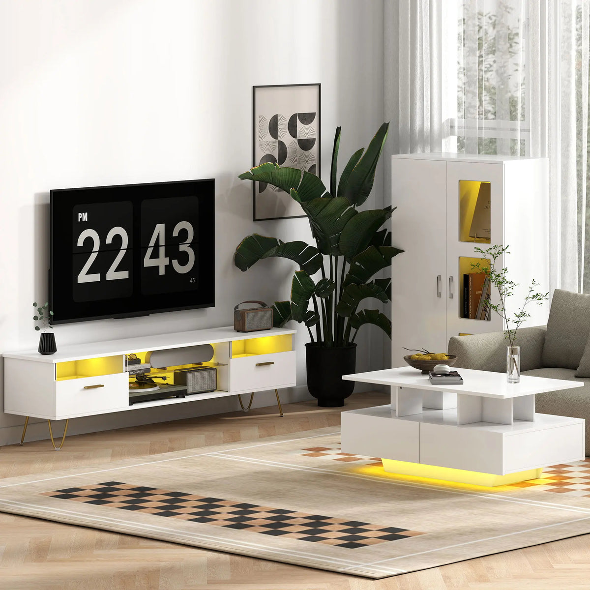 HOMCOM High Gloss Sideboard, Display Cabinet with 16-Colour RGB LED Lights and Remote Control, Modern Storage Cupboard with Glass Doors and Shelves for Living Room, Dining Room, Kitchen, White