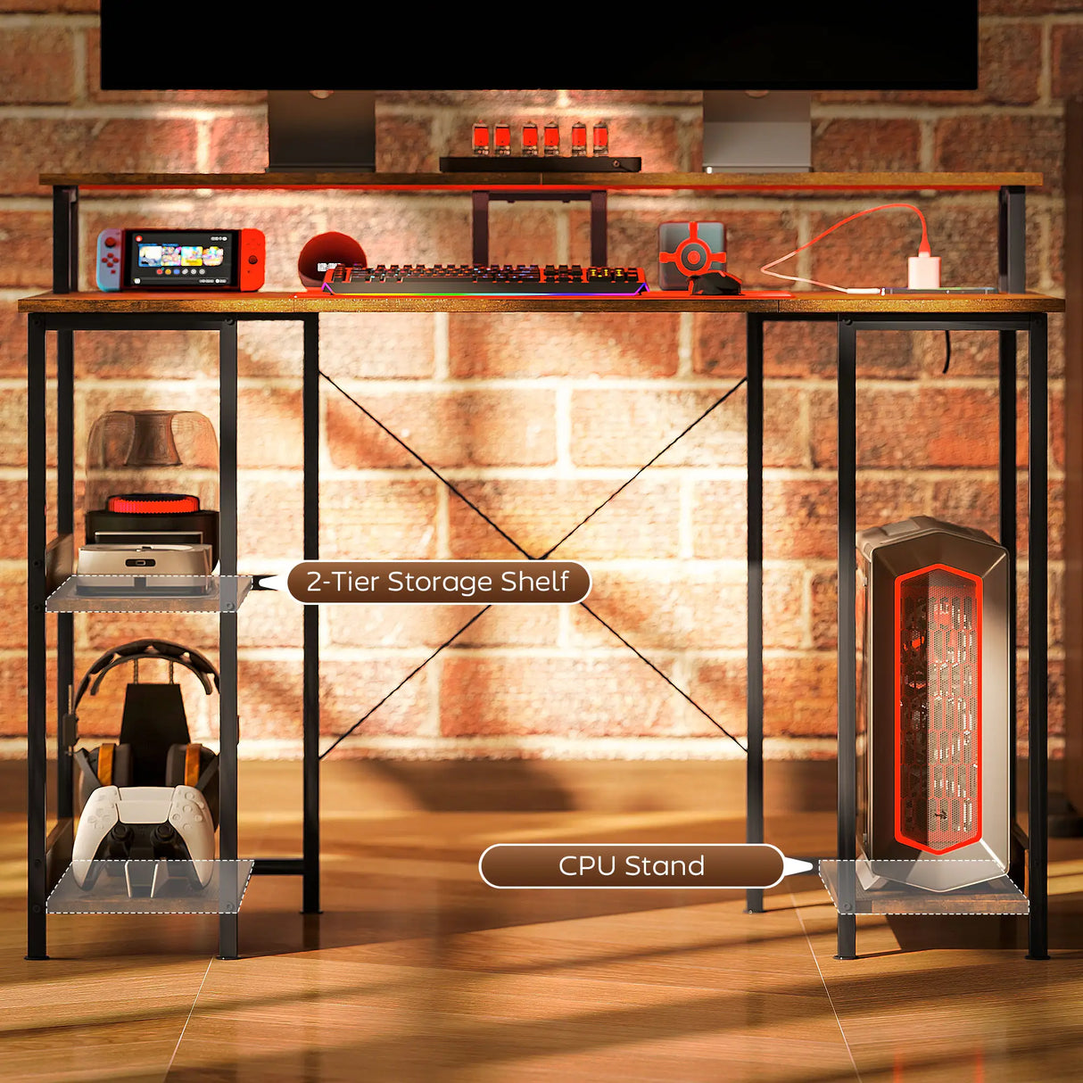 HOMCOM LED Computer Desk, with Power Outlets and Shelves - Rustic Brown