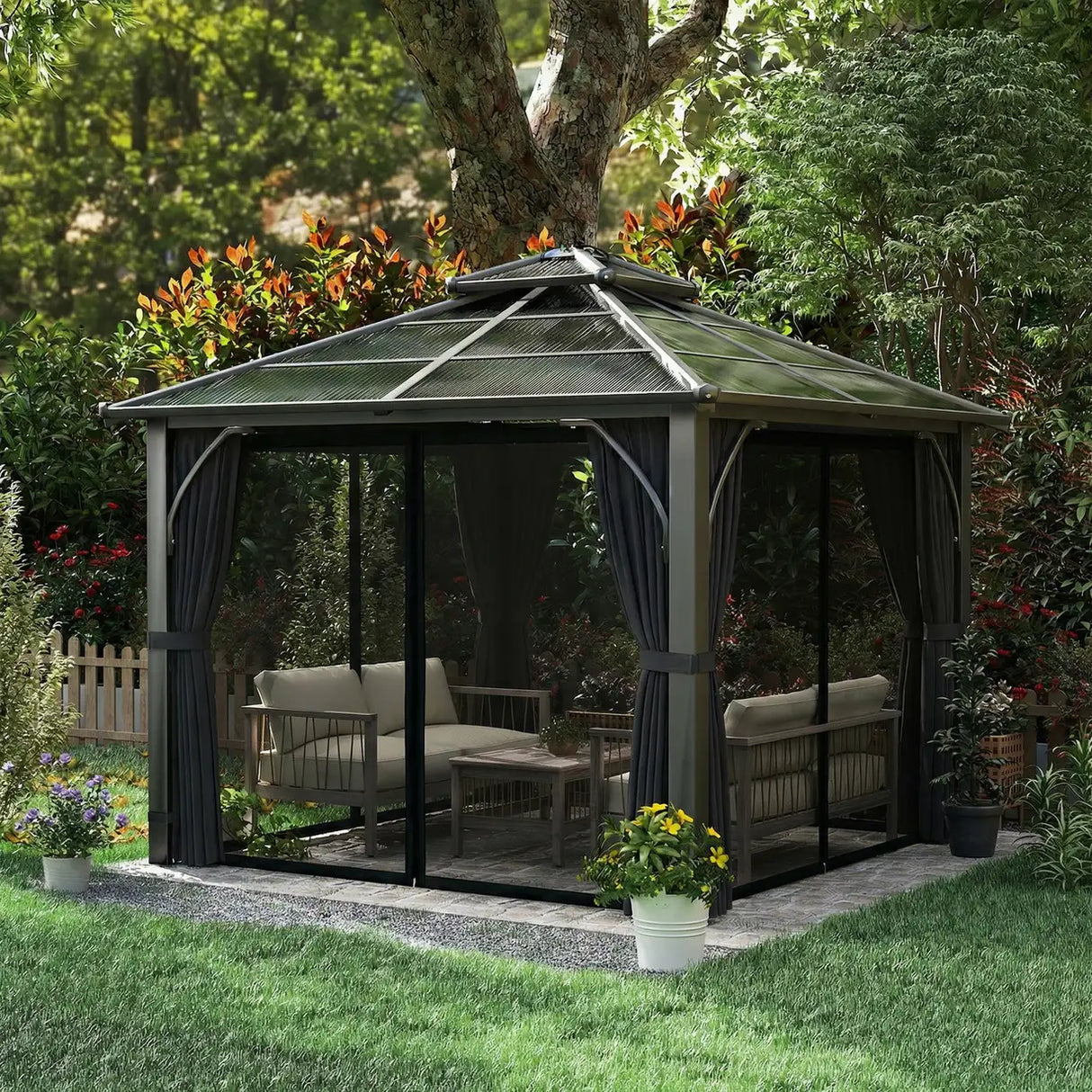 Outsunny 2.5 x 2.5 m Hardtop Gazebo Canopy with 7mm PC Roof, Garden Gazebo Permanent Pavilion with Netting, Curtains, Dark Grey
