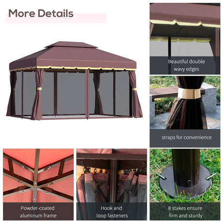 Outsunny 3 x 4m Aluminium Garden Gazebo, Marquee Canopy Shelter Pavilion Party Tent with Nets and Curtains for Garden and Deck, Coffee