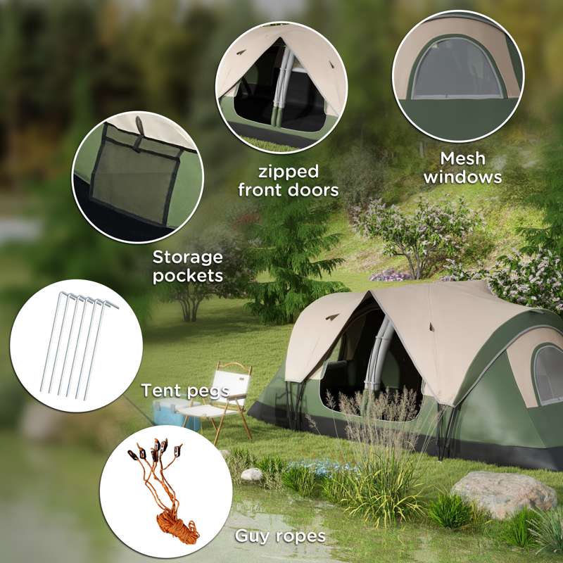 Outsunny Camping Tent for 6-8 Man with 2000mm Waterproof Rainfly and Carry Bag for Fishing Hiking Festival, Dark Green