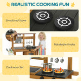AIYAPLAY Wooden Mud Kitchen with Wheels, Stove, Faucet, Flower Pots, Stainless Steel Accessories for Toddlers 3-6, Brown
