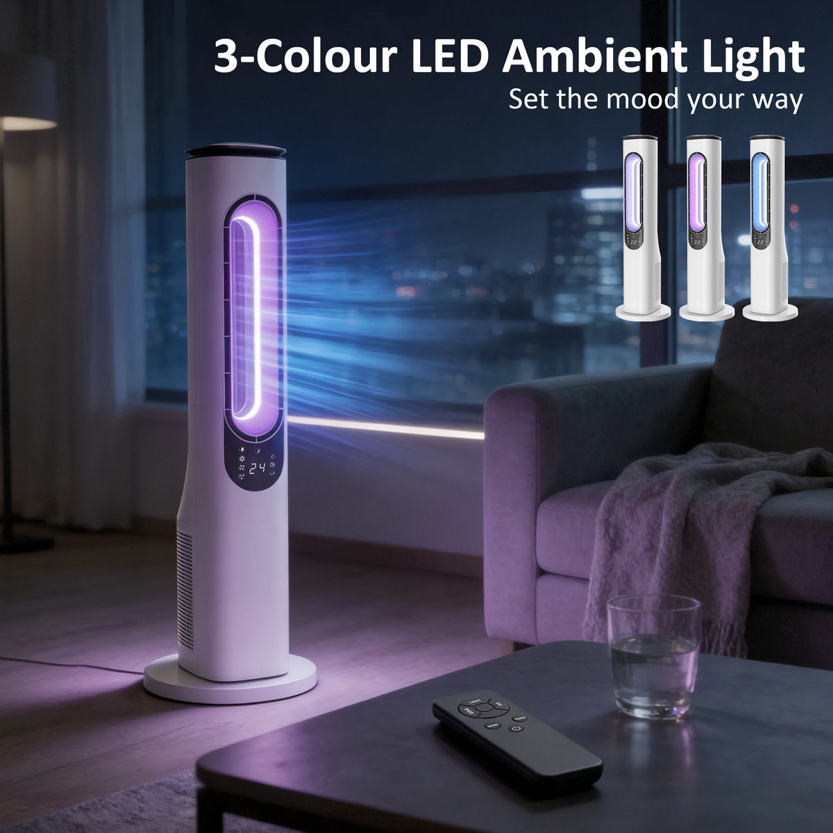 HOMCOM Bladeless Tower Fan for Bedroom, 35dB Standing Cooling Fan with Oscillating, LED Lights, 3 Speeds, 15H Timer, White