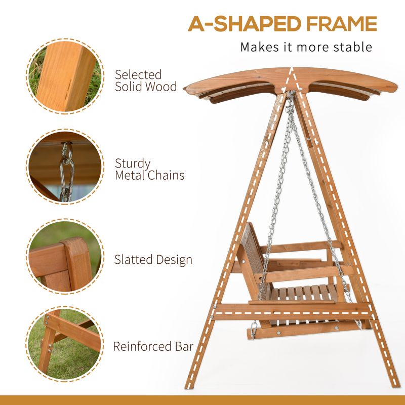 Outsunny 3 Seater Garden Swing Seat Wooden Swing Chair Hammock Bench Lounger with Canopy, Natural