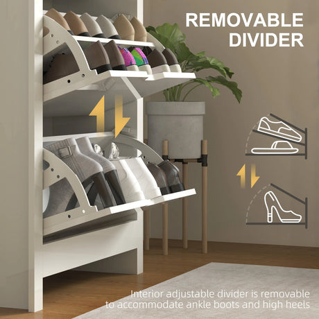 HOMCOM Slim Shoe Cabinet, Narrow Shoe Cupboard with 3 Flip Drawers, Adjustable Shelves for 18 Pairs of Shoes, High Gloss White