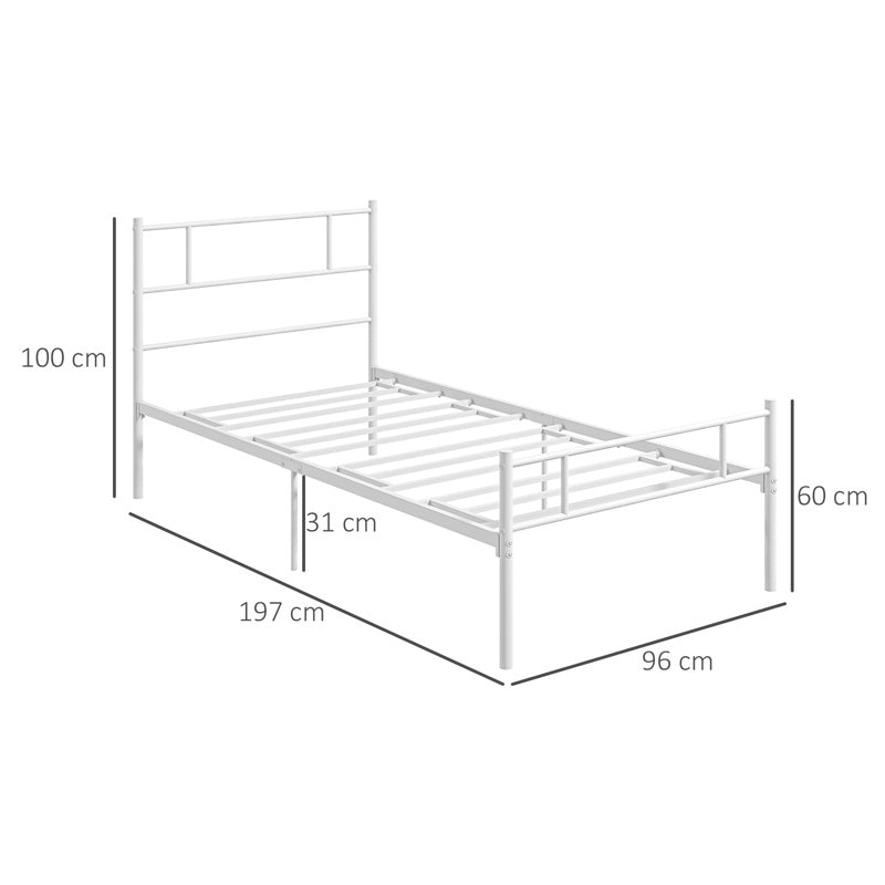 HOMCOM Single Bed Frame, Metal Bed Base with Headboard and Footboard, Metal Slat Support and 31cm Underbed Storage Space