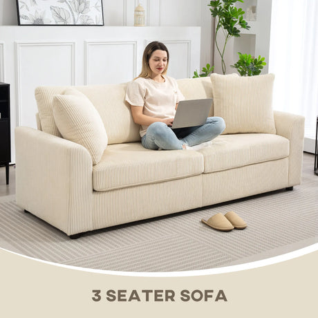 HOMCOM Modern 3 Seater Sofa with Spring Cushion, 212 cm Fabric Jumbo Cord Sofa Couch with 2 Scatter Cushions, Upholstered Corduroy Settee for Living Room, Bedroom, Home Office, Cream White