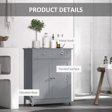 kleankin 75x60cm Freestanding Bathroom Storage Cabinet Unit w/ 2 Drawers Cupboard Adjustable Shelf Metal Handles Traditional Style Grey