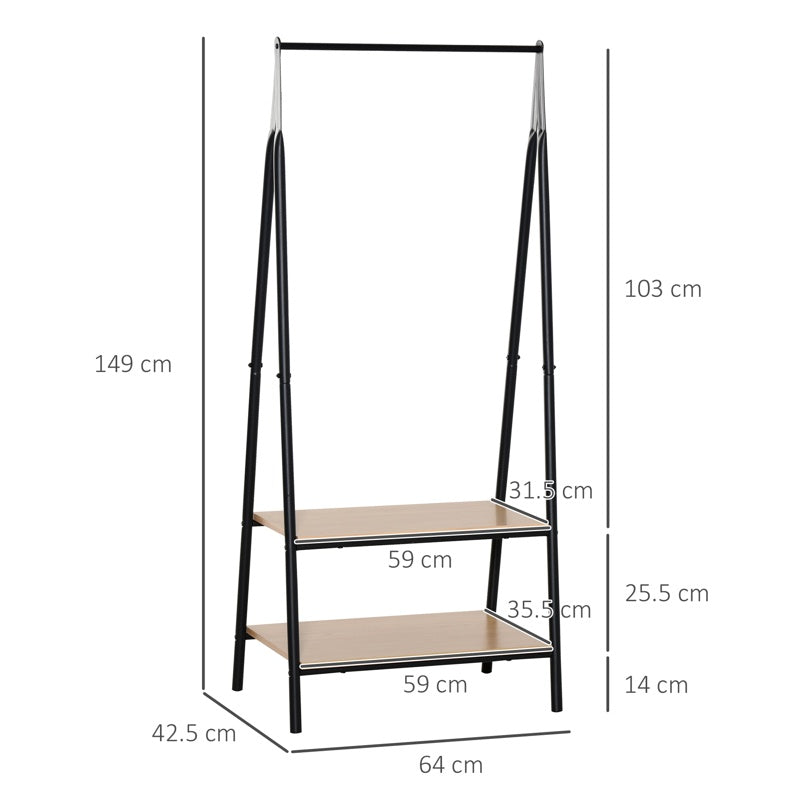 HOMCOM Clothes Rail, Freestanding Metal Clothes Rack with 2 Tier Storage Shelves for Bedroom and Entryway, 64 x 42.5 x 149 cm, Black Frame