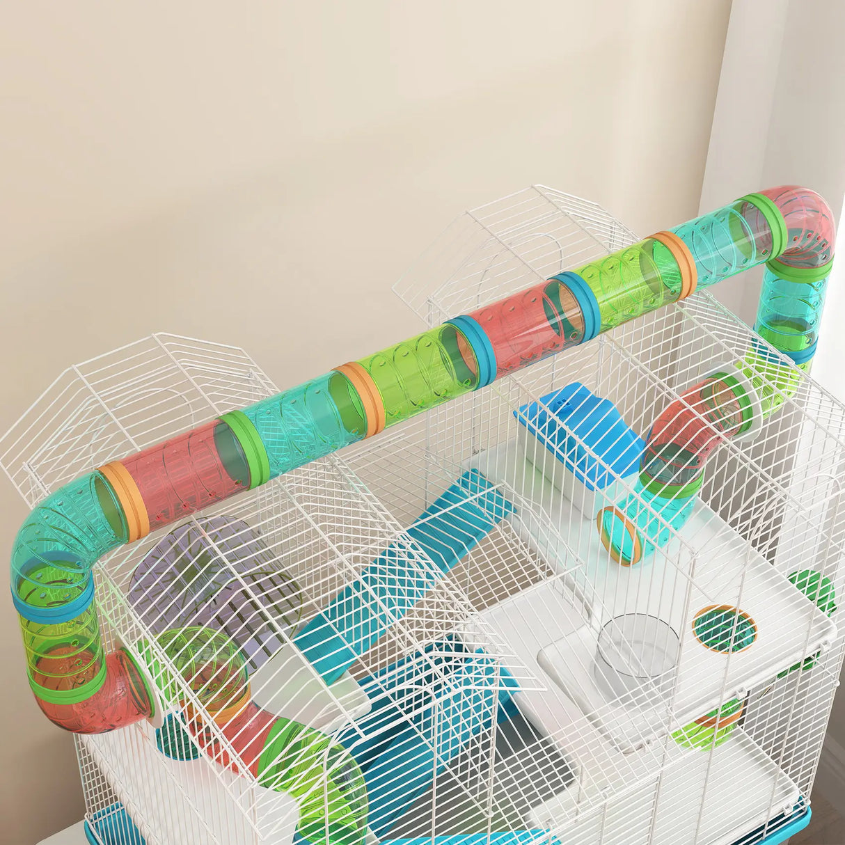 PawHut 4 Tier Hamster Cage w/ Tubes, Exercise Wheel, Hut, Water Bottle, Food Dish, Ramps, for Dwarf Hamster, Light Blue